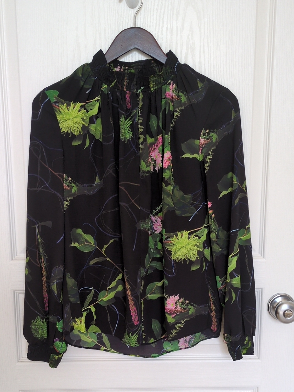 Aritzia Babaton Black Floral Smocked-Neck Long Sleeve Blouse